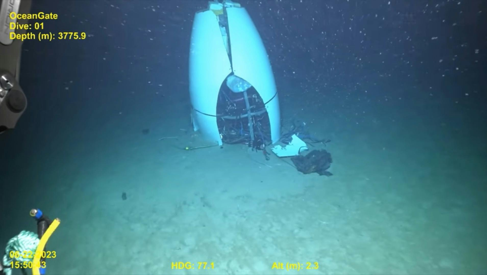 Tail of the titan submersible wreck on the seabed
